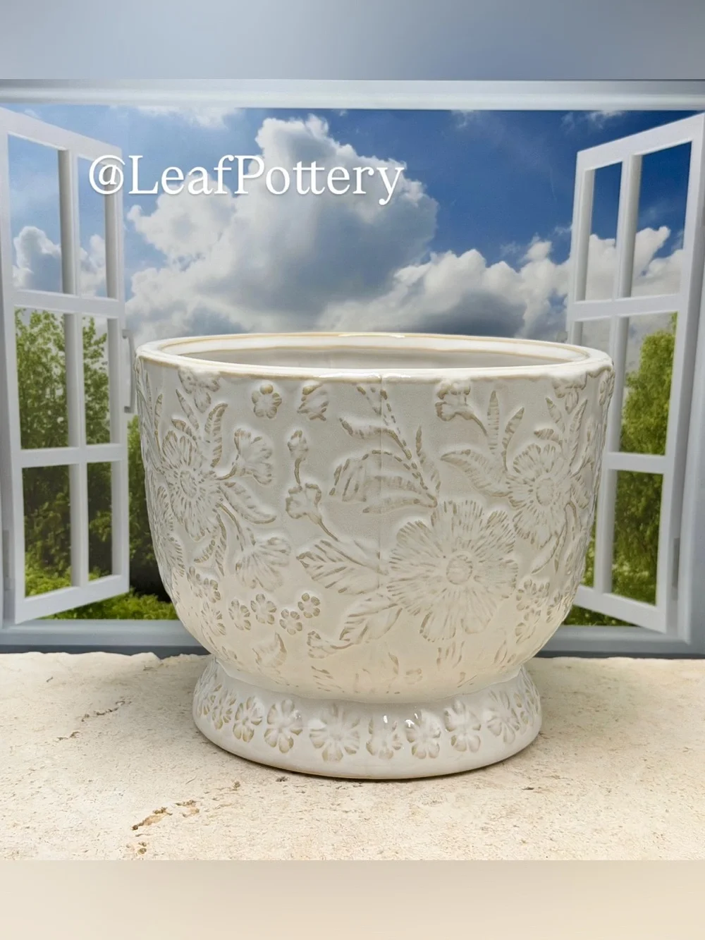 Ceramic Floral Planter with Drainage Hole - 7.5 Inch White Embossed Flower Pot